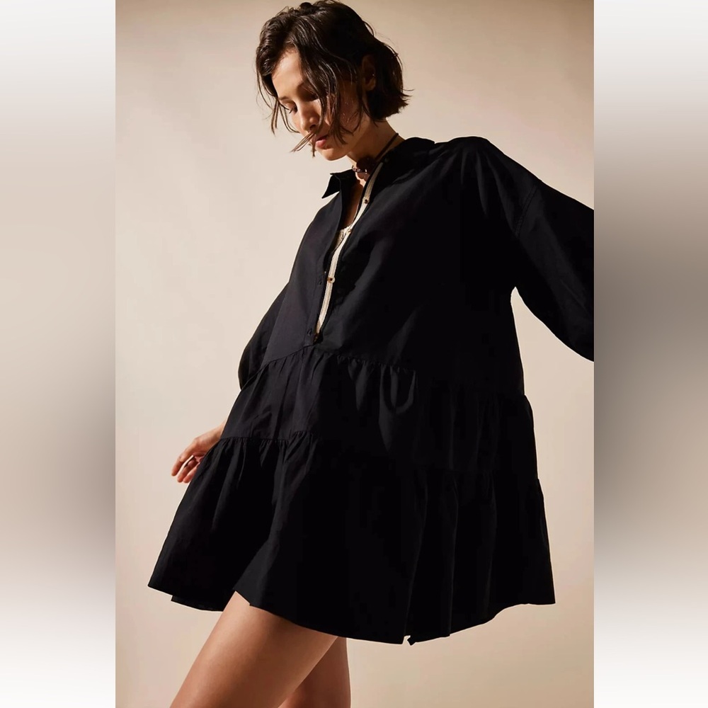 Free People Misha Mini Dress Black Small Fairycore Babydoll Tiered Boho Chic - Picture 12 of 14